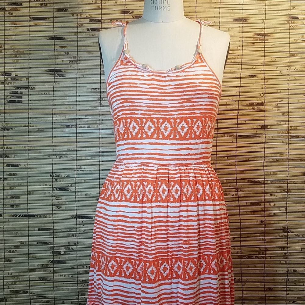 Orange Tribal Strappy Dress with Wood Beads